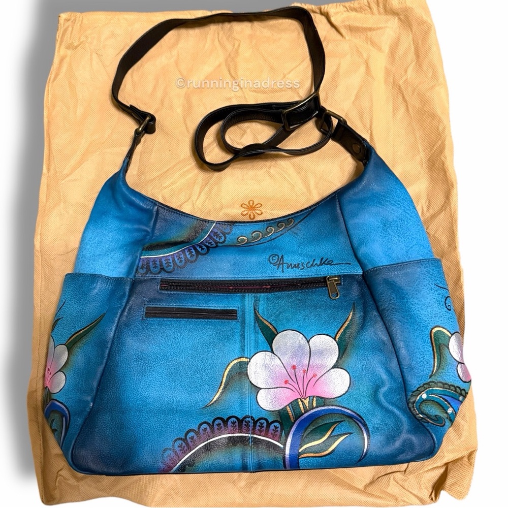 NEW Anuschka Hand Painted Large Multi Pocket Hobo Handbag Denim Paisley Floral - Picture 6 of 16